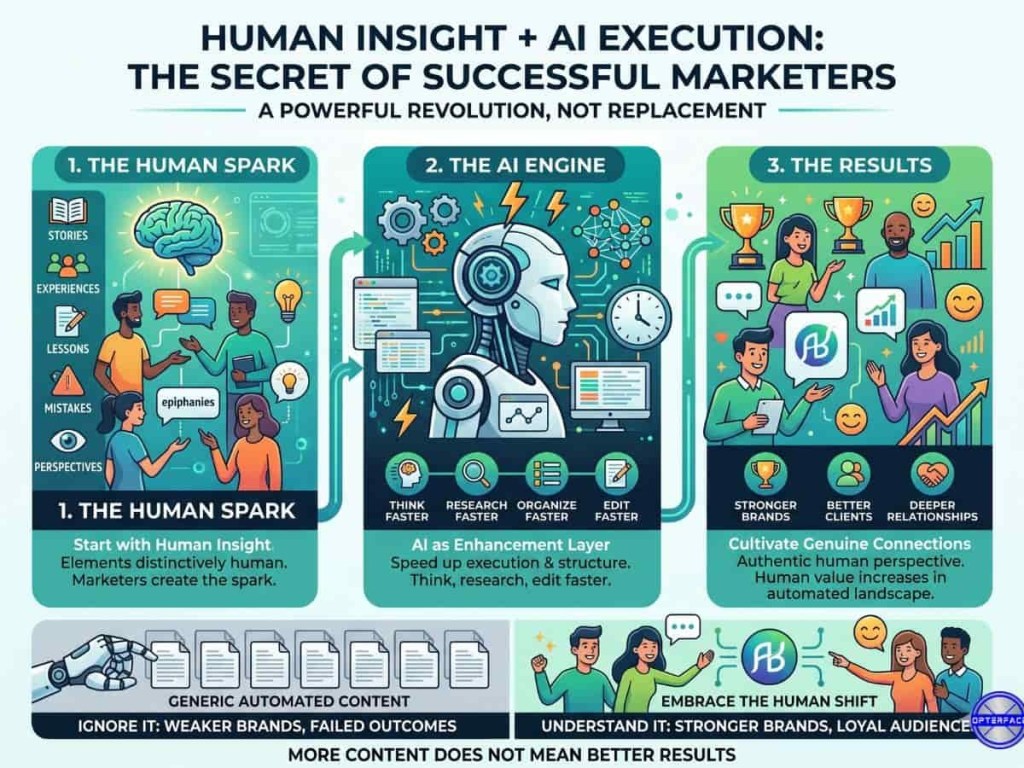 How to become a successful marketer with AI content creation process This image shows how to use human insight with AI execution in the AI content creation process