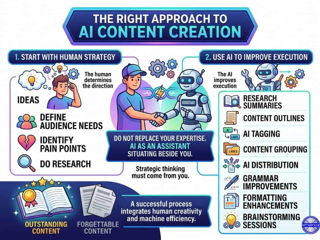 The right approach to AI content creation process This image shows the right apporach for AI content creation process