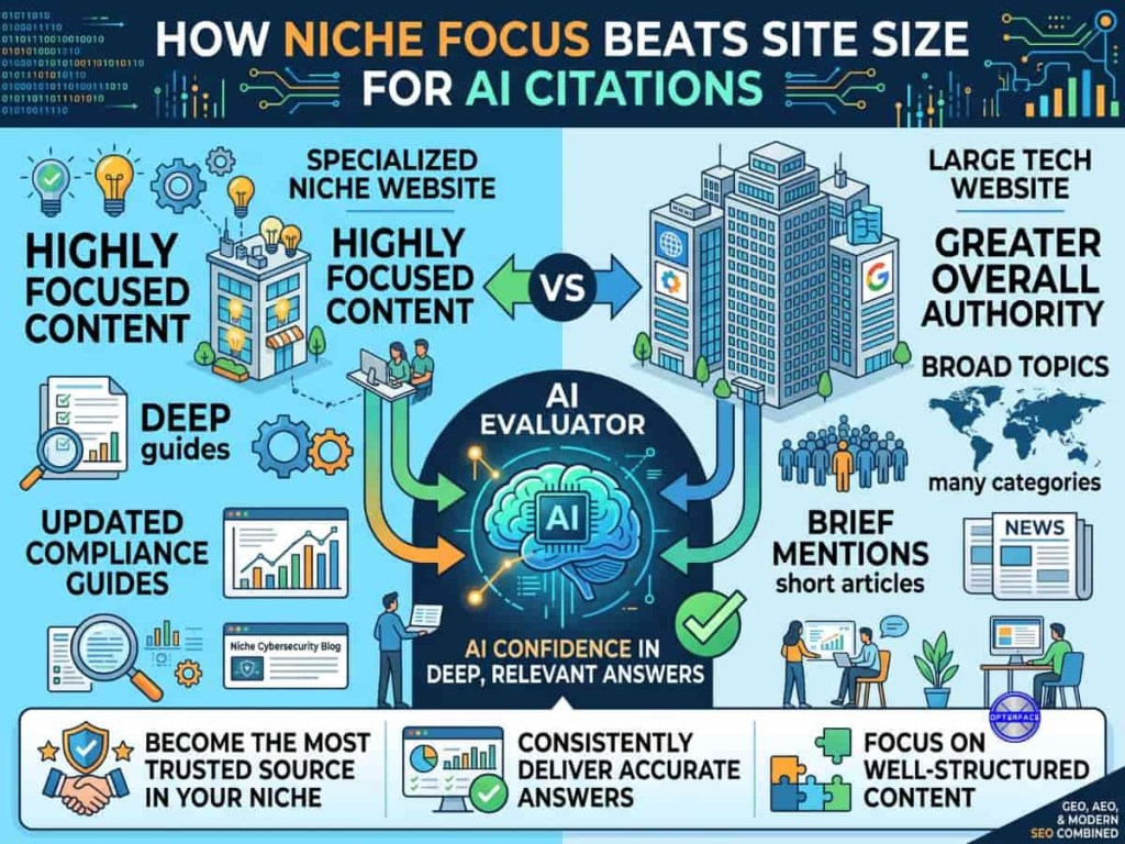 How to rank on AI overviews with niche focus This image shows Strategies for getting featured in AI-generated search summaries