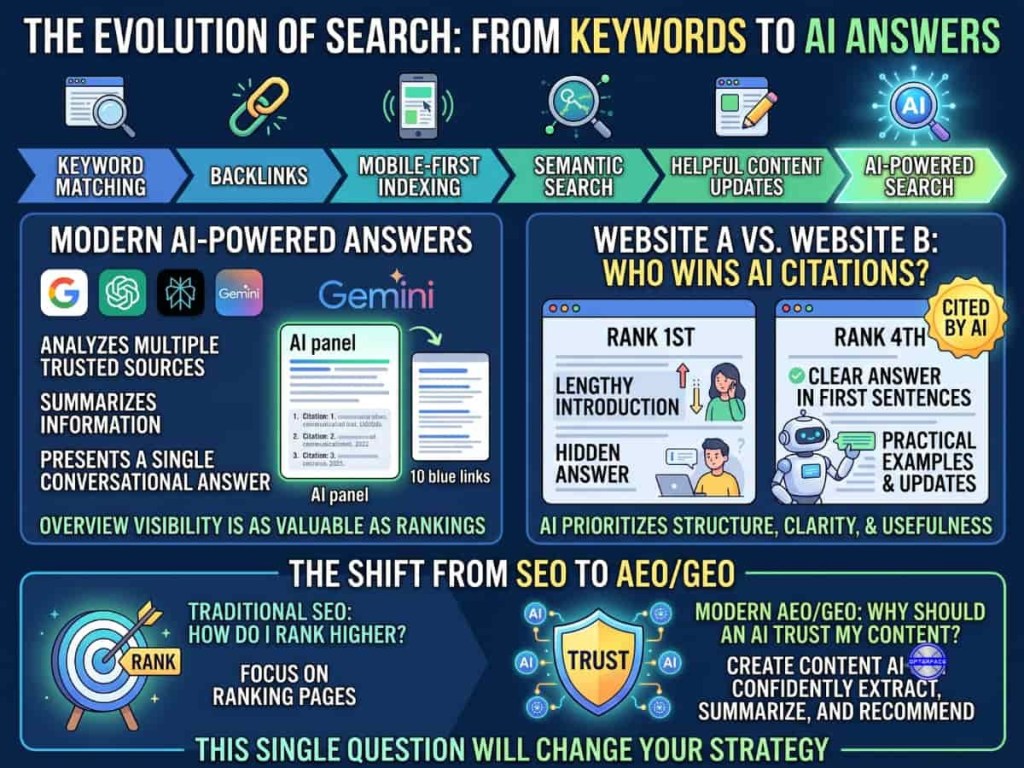 How to rank on AI Overviews with the evolution of search engines This image shows How to optimize website content for AI overview visibility?